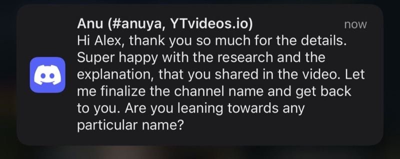 Client message thanking the team for research and discussing the channel name